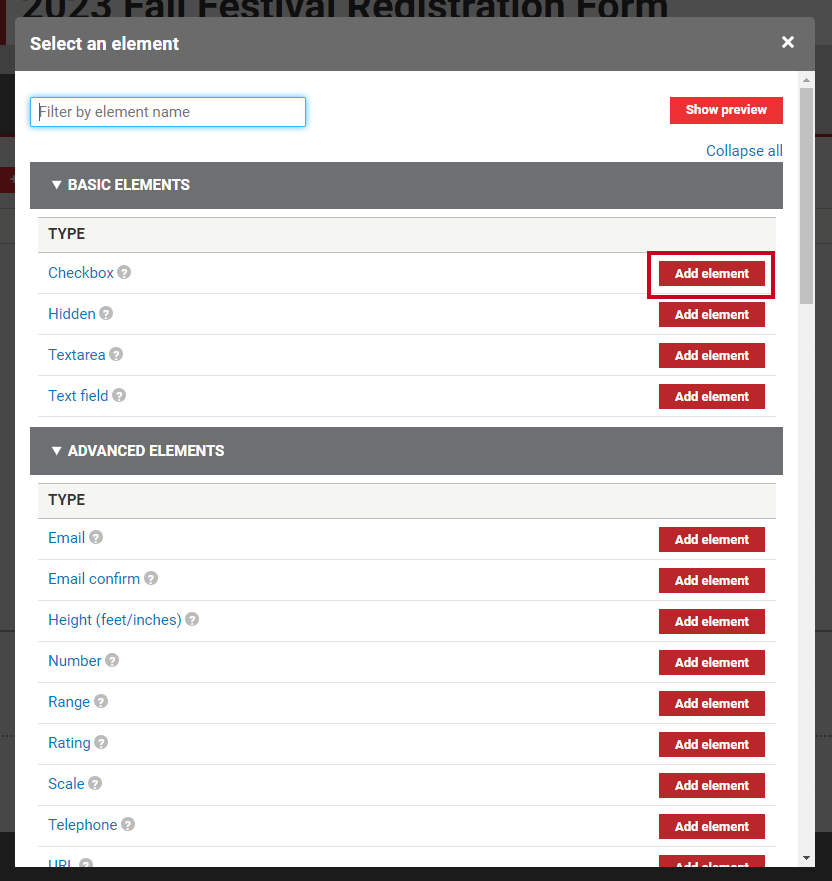 The button labeled Add element.