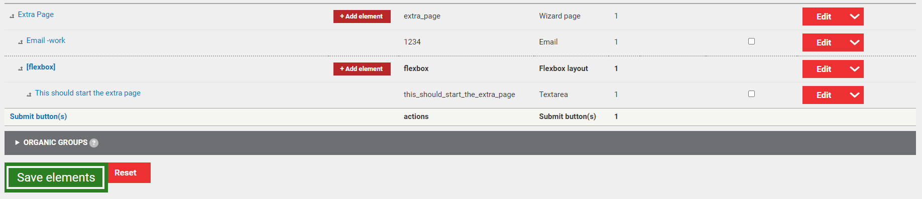 The green button labeled Save elements at the bottom of the page.