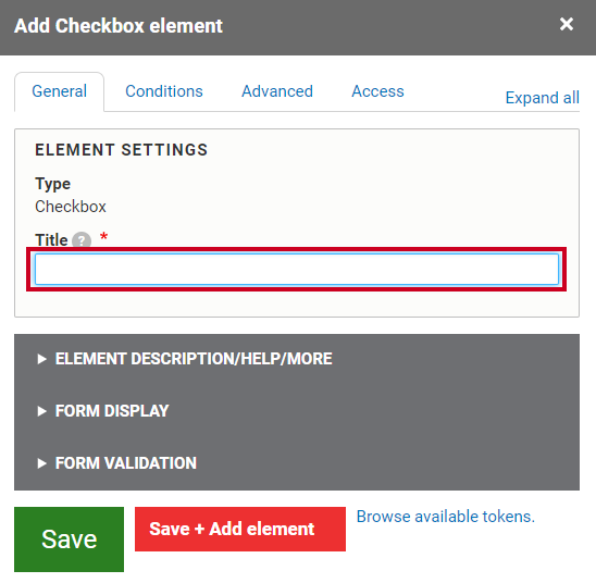 The text entry field labeled Title below the Element Settings header.