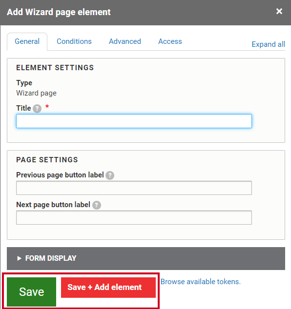 The green button labeled save, or the red button labeled Save plus Add element.