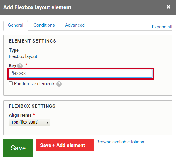 The text entry frield labeled Key under the Element Settings header.