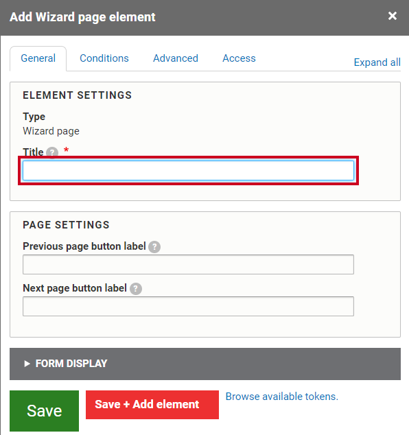 The text entry field labeled Title under the Element Settings header.