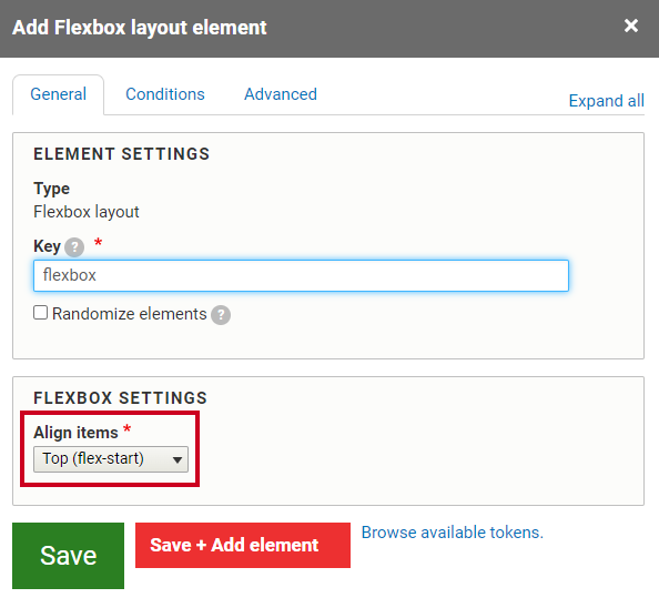 The drop down menu labeled Align items under the Flexbox Settings header.