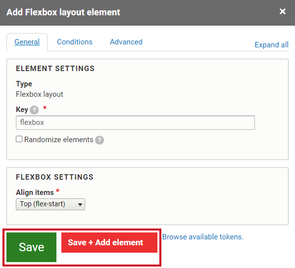 The green button labeled Save, or the red button labeled Save plus Add element.