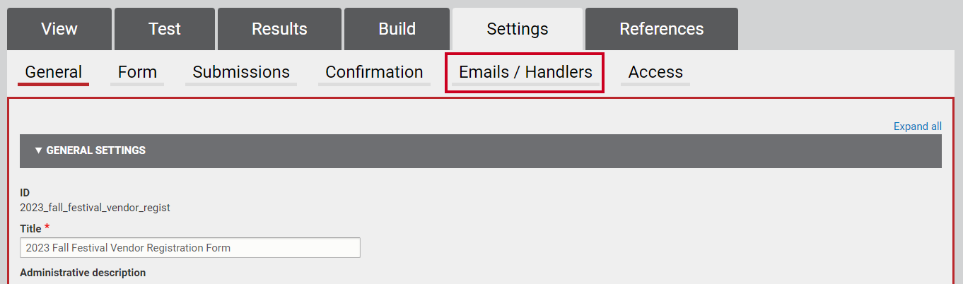 The tab labeled Emails slash Handlers beneath the Settings tab in the upper part of the screen.