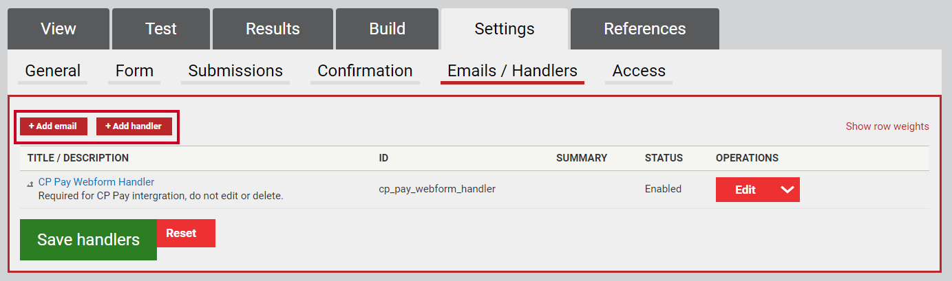 The buttons labeled Add email with a plus sign or Add handler with a plus sign in the upper right corner.
