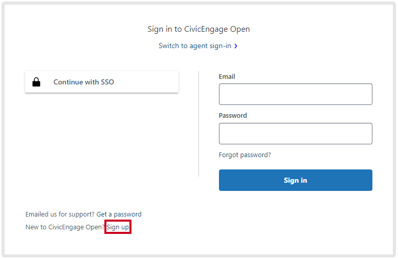 The sign up hyperlink in the bottom left corner.