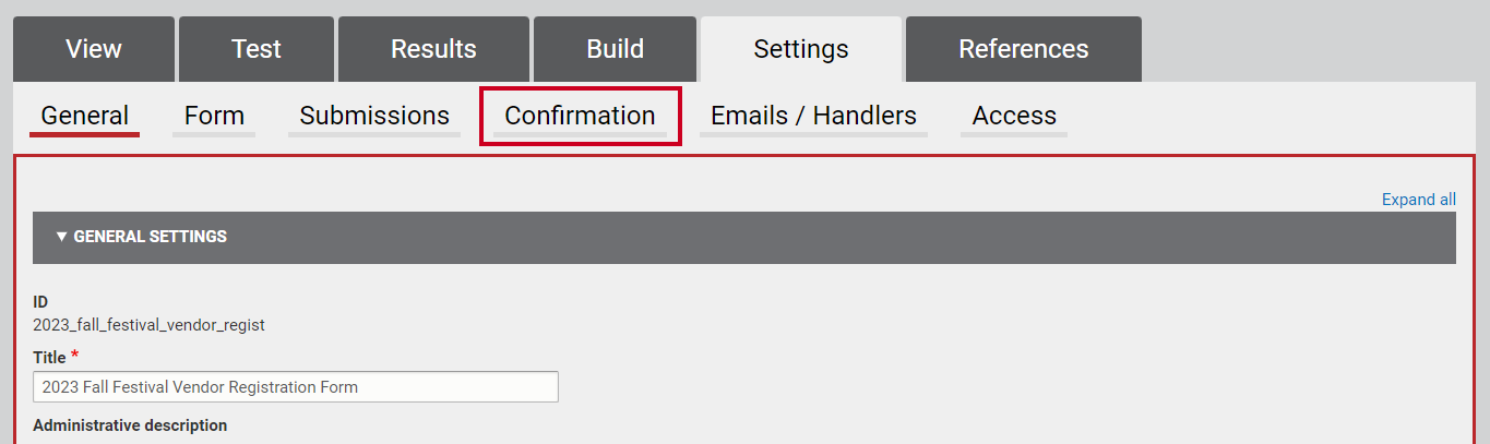 The tab labeled Confirmation under the Build tab header.