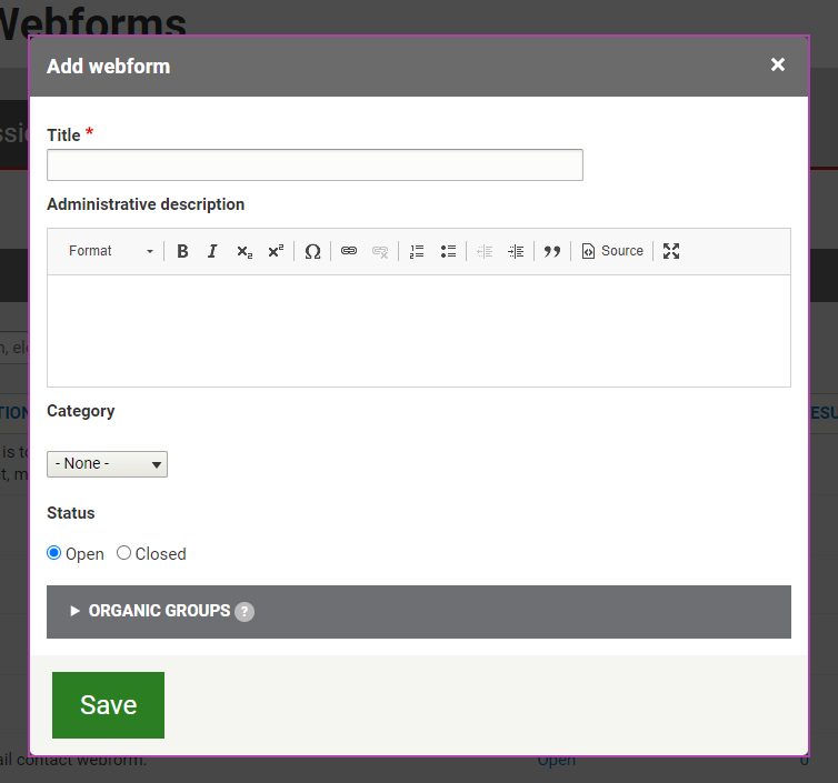 The text entry fields and fields and options under the Add webform header.