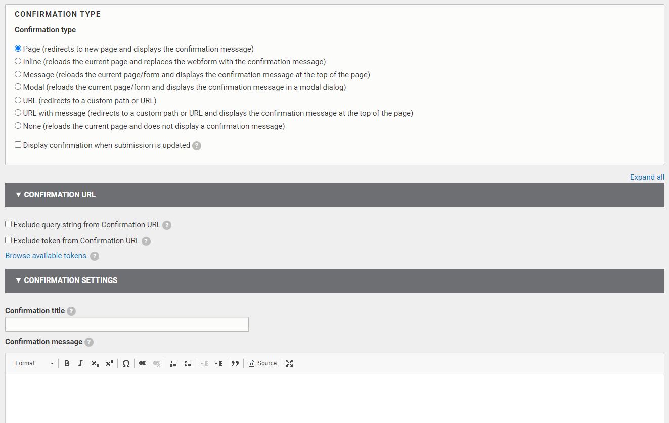 The radio buttons and text entry fields under the Confirmation Type header.