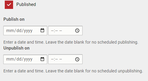 The Published check box, Publish on, and Unpublish on fields.