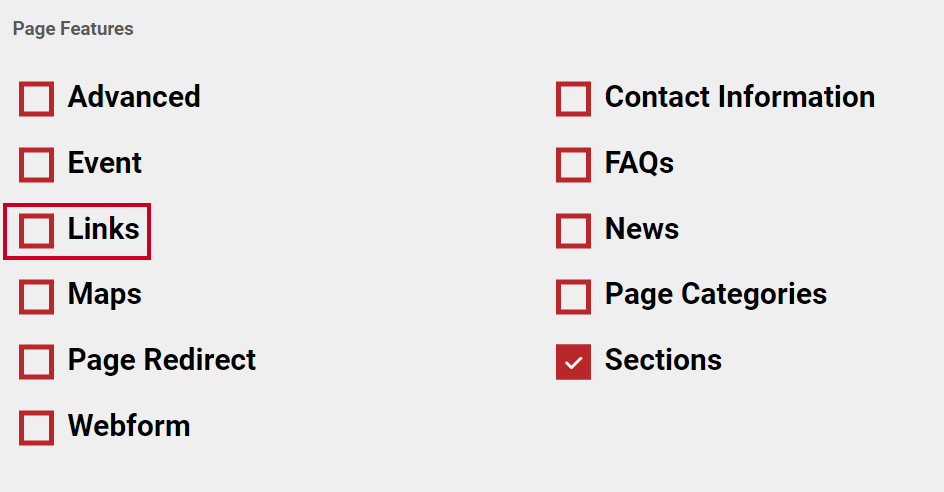 The checkbox labeled Links in the left column.