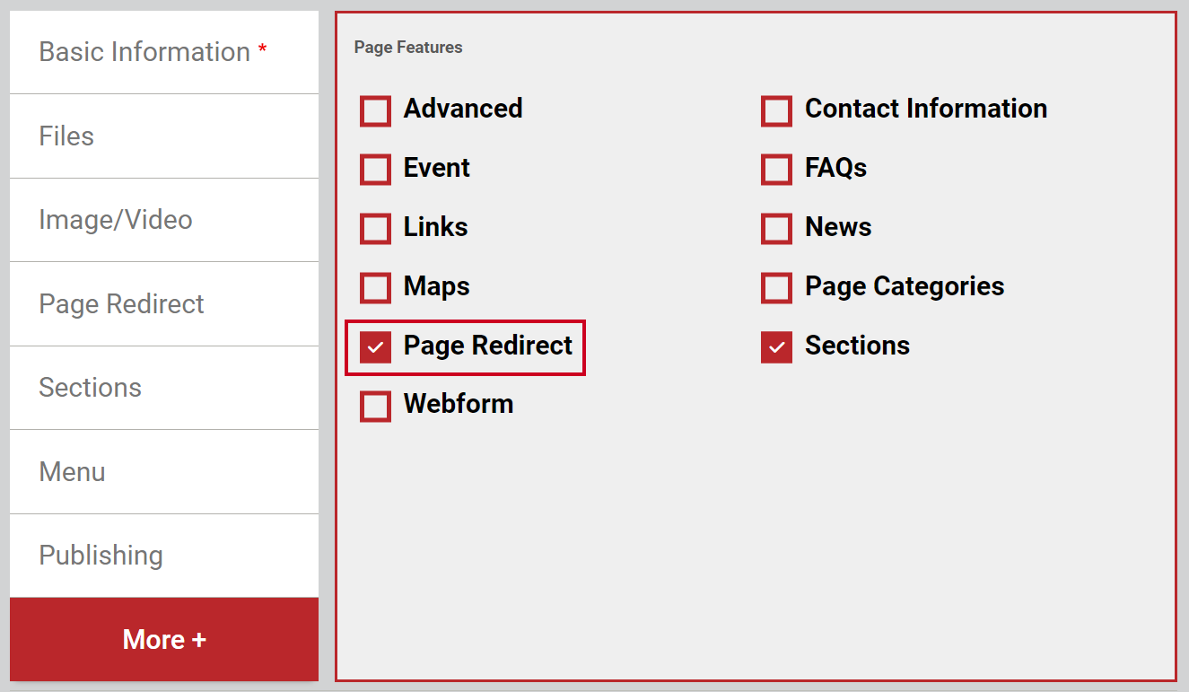 The checkbox to the left of Page Redirect.