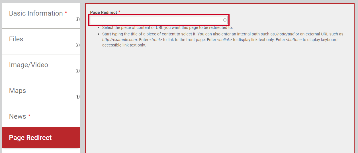 The text entry field labeled Page Redirect.