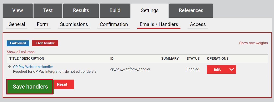 The green button labeled Save handlers at the bottom of the Email / Handlers tab page.