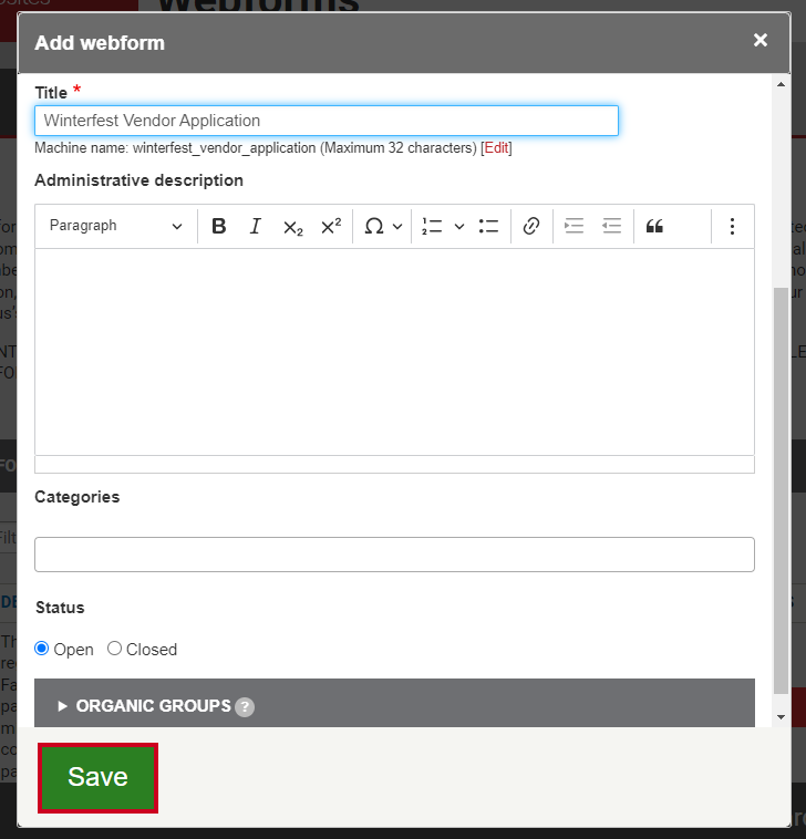 The green button labeled Save at the bottom of the page.