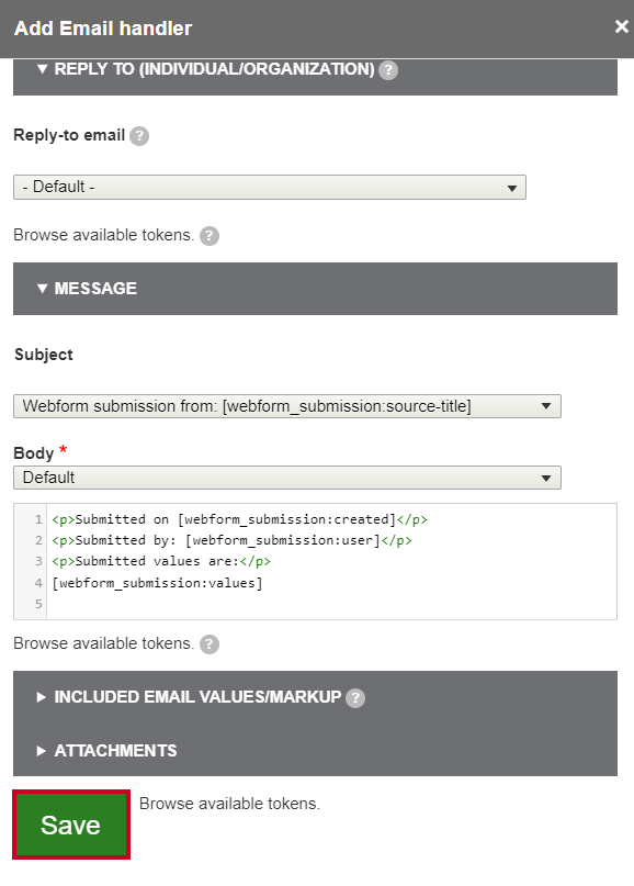 The green button labeled Save at the bottom of the Email fields.