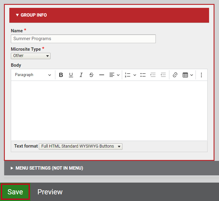 The green Save button in the bottom left corner of the page.