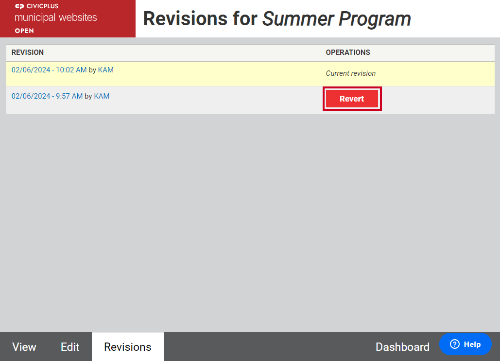 The red button labeled Revert in the column labeled Operations.