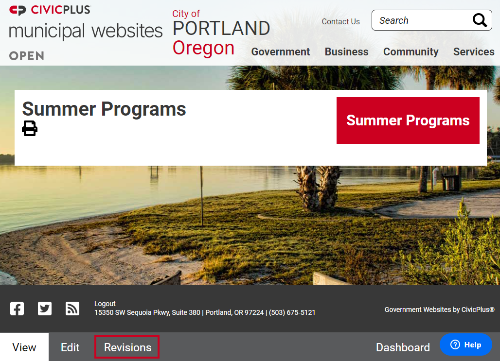 The button labeled Revisions, in the bottom left corner of the screen to the right of the View and Edit buttons.