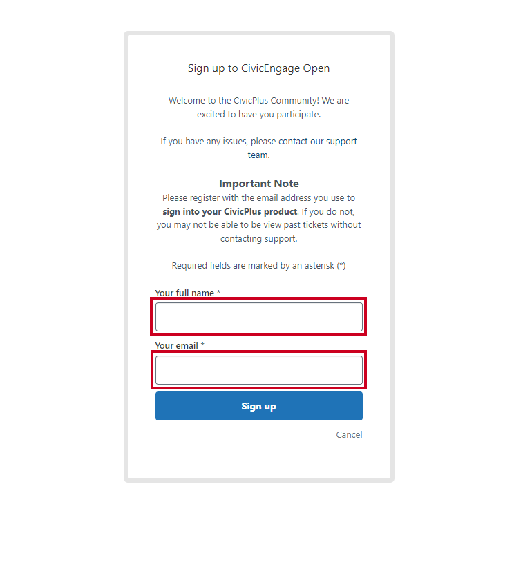 The Your full name and Your email text entry fields, above the blue button labeled Sign up.