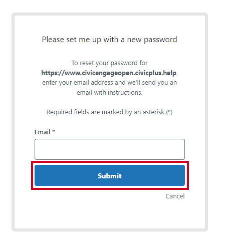 The blue button labeled Submit underneath the Email text entry field.
