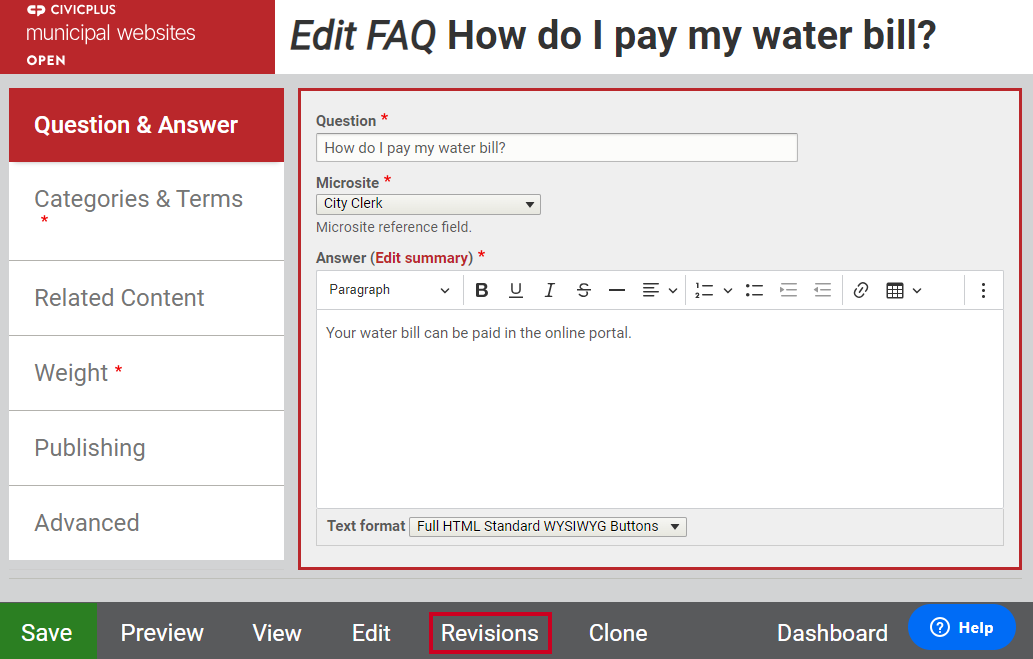 The button labeled Revisions to the right of Edit and left of Clone.