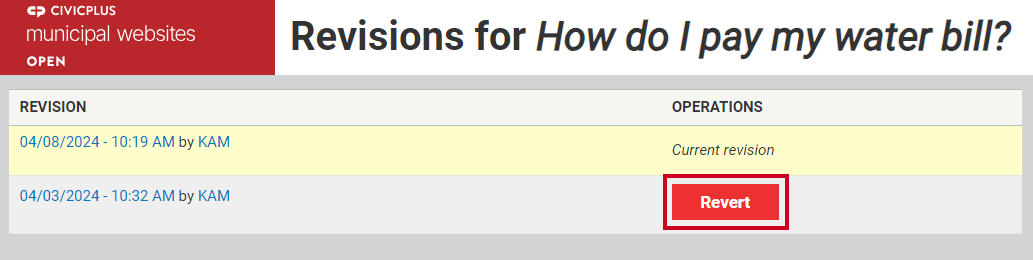 The button labeled Revert to the right of the page details.