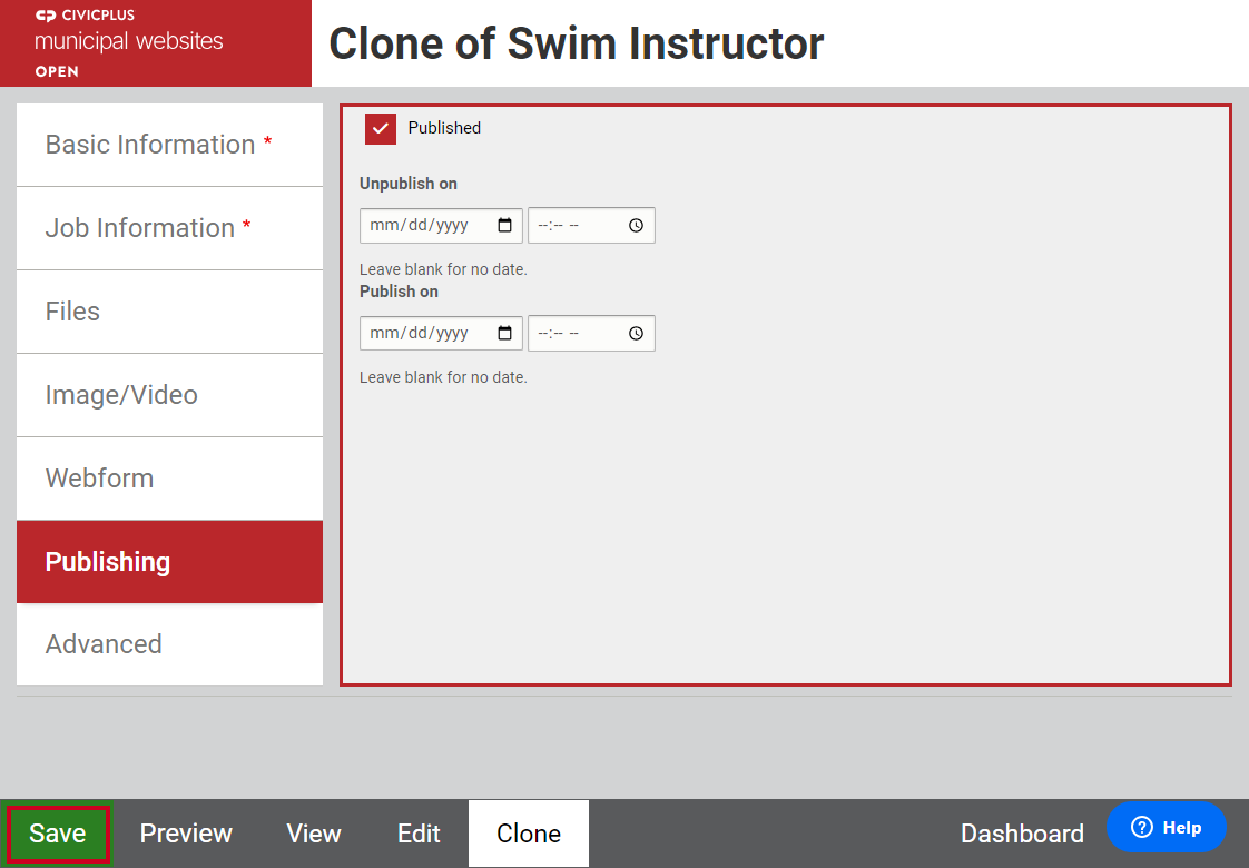 The button labeled Save in the bottom left of the screen, to the left of the Preview button.