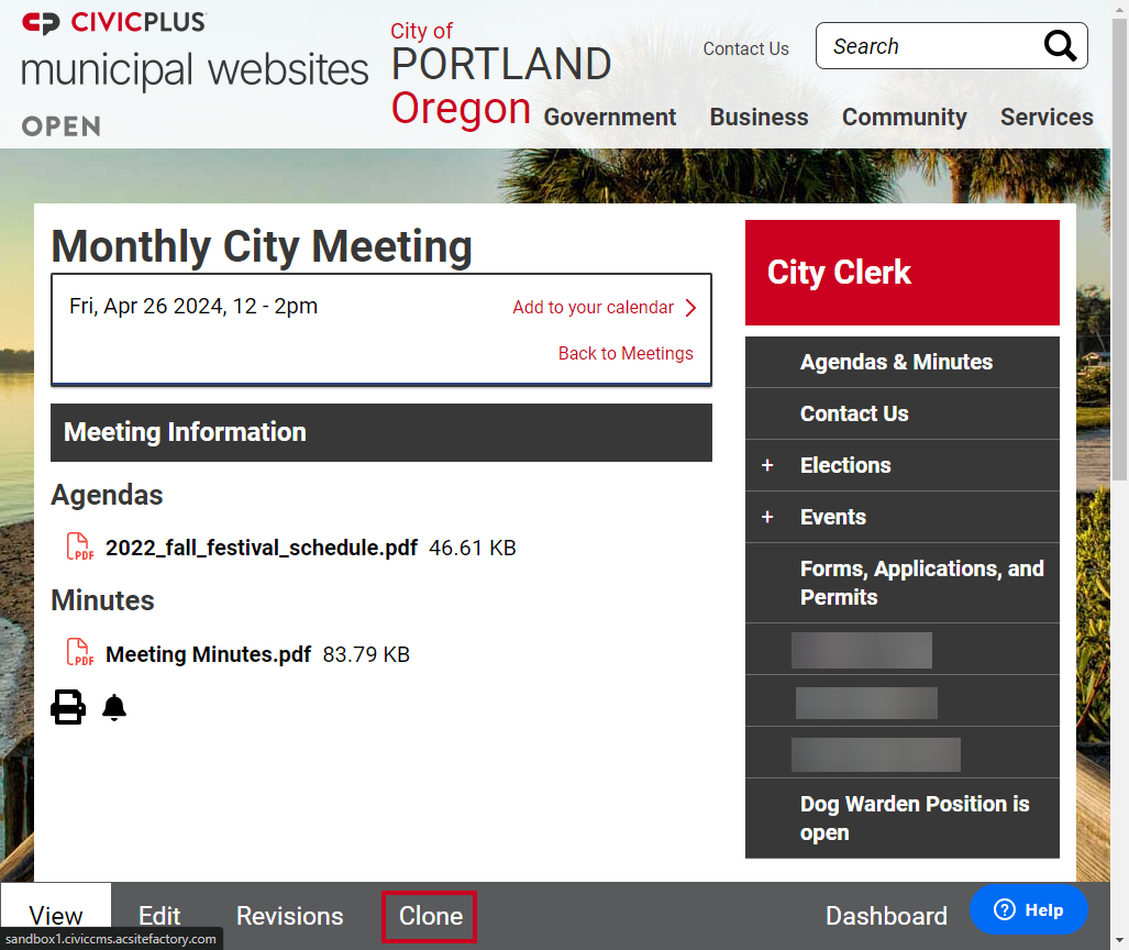 The button labeled Clone in the bottom left corner of the screen, to the right of the Edit and Revisions buttons.