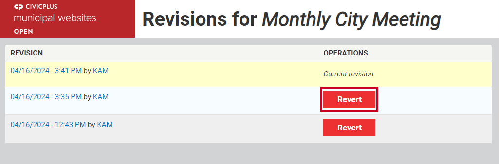 The revert button in the Operations column, on the right-hand side of the screen.