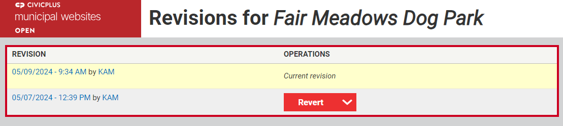 The list of page revisions in the table column labeled Revision.