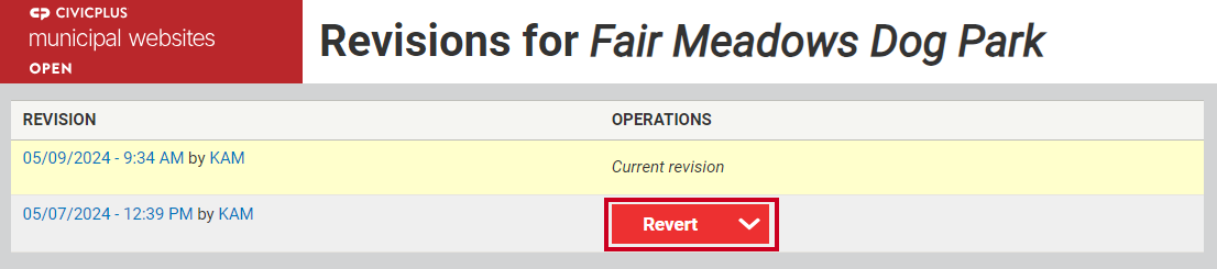 The button labeled Revert in the column labeled Operations.