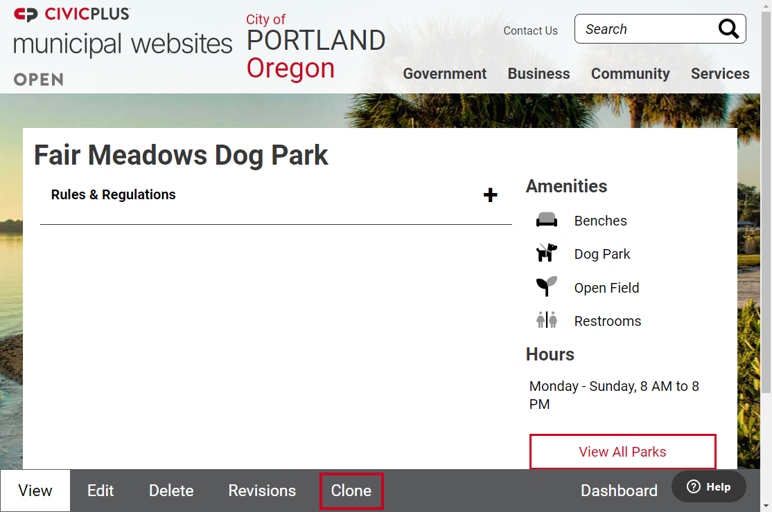 The button labeled Clone at the bottom of the page, to the right of the Revisions button.