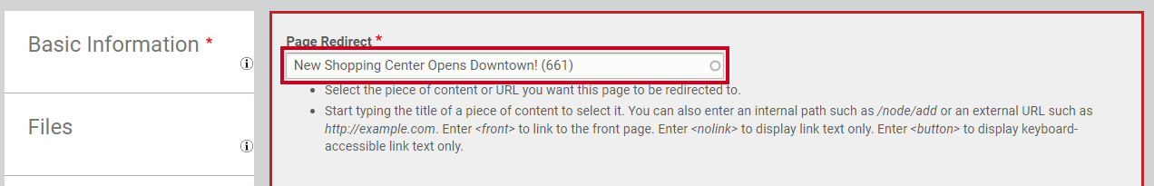 The text entry field labeled Page Redirect.