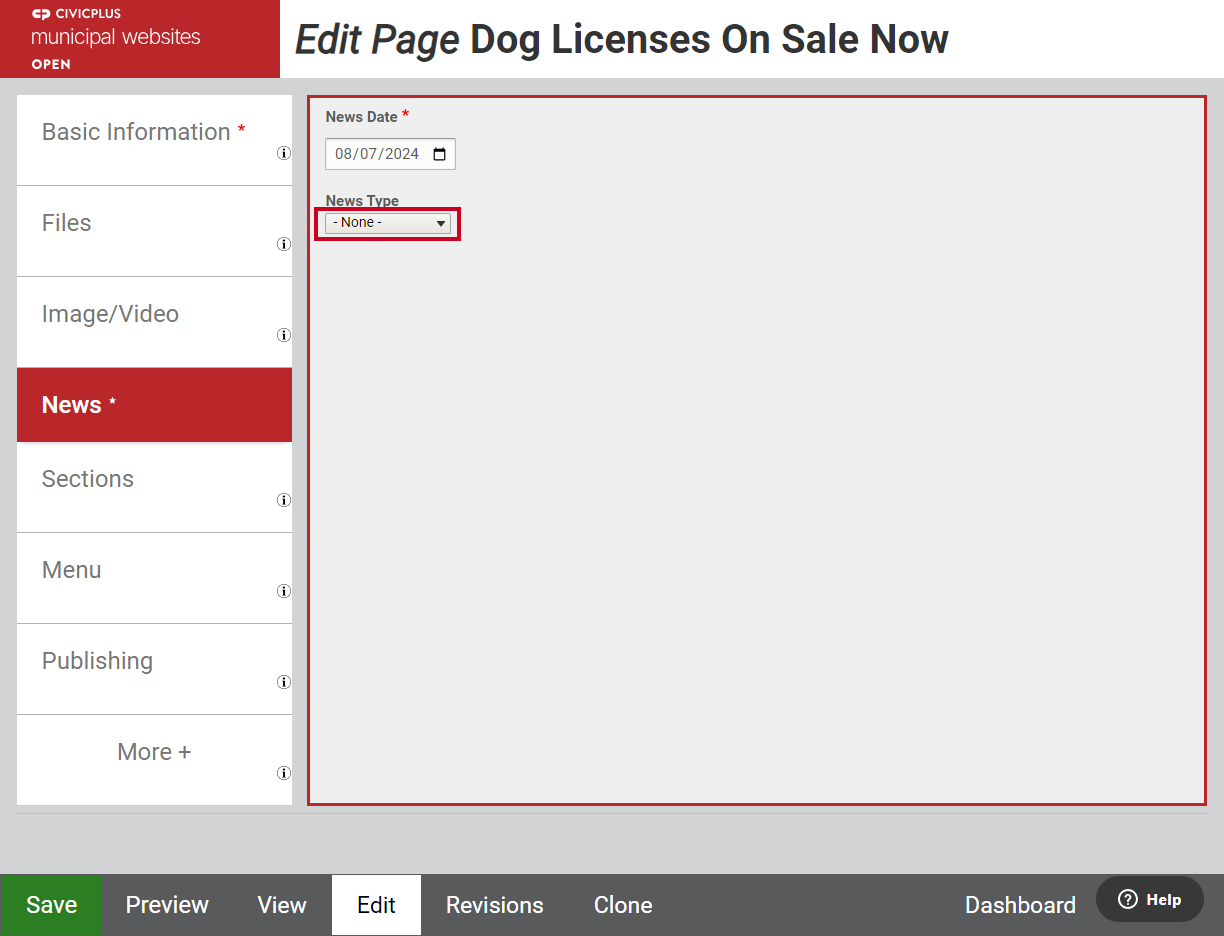 The dropdown menu labeled News Type, below the News Date field.