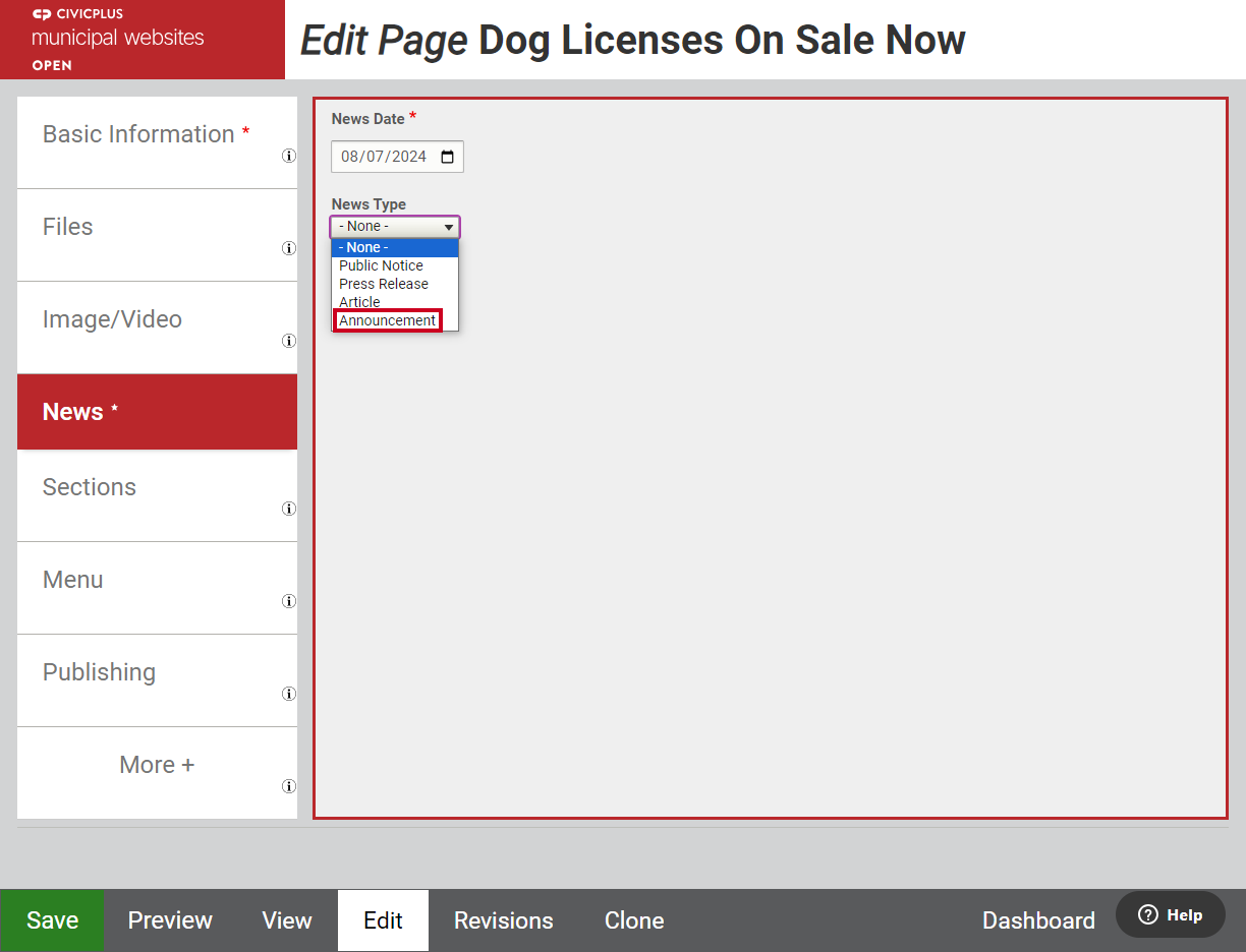 The option labeled Announcement at the bottom of the list.