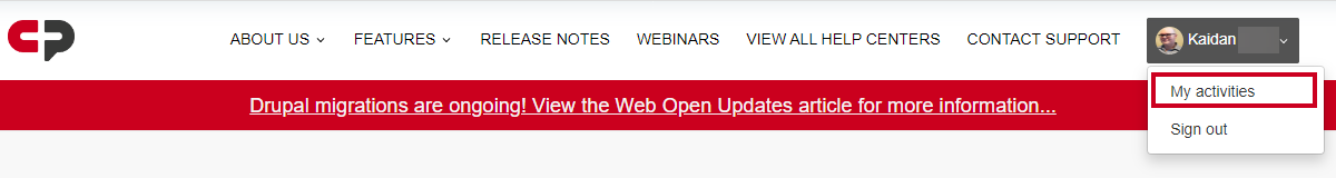 The user menu's My activities option.