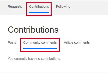 A list of the user's comments on posts in the help center's community.