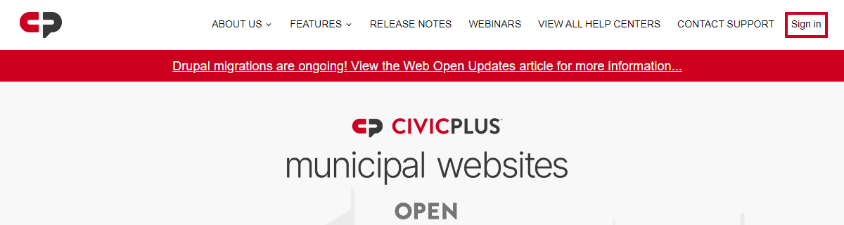 The Sign-in button for the Municipal Website Open Help Center.