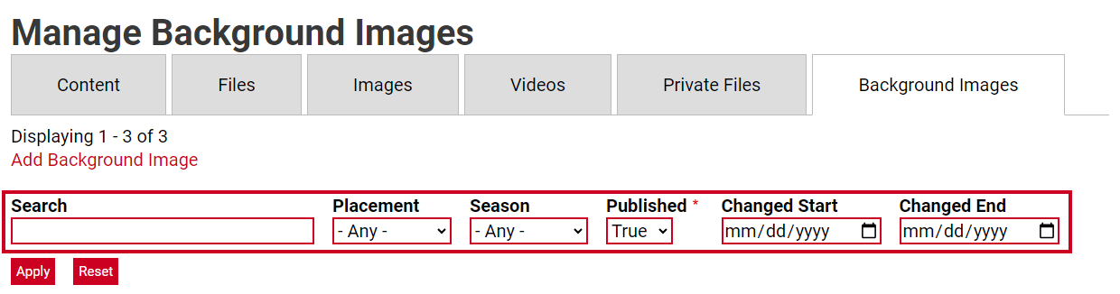The Search, Placement, Season, Published, Changed Start, and Changed End fields.