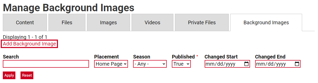 The URL labeled Add Background Image, above the Search fields.