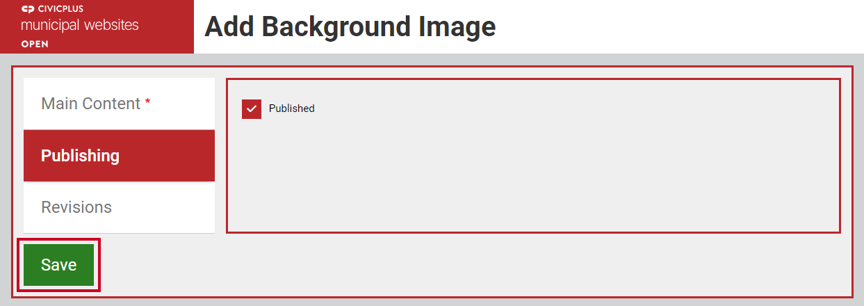 The button labeled Save in the bottom left, below the Main Content, Publishing, and Revisions tabs.