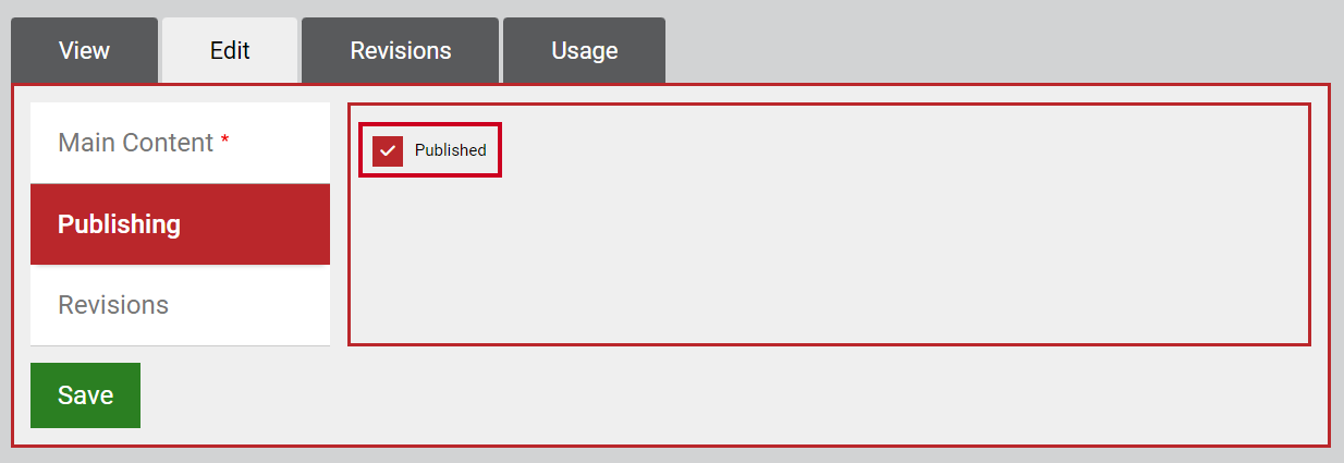 The checkbox toggle labeled Published.