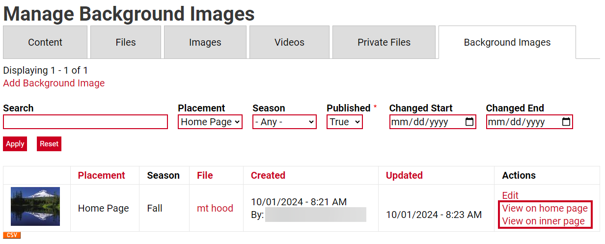 The URLs labeled View on home page and View on inner, below the URL labeled Edit, in the right-most column labeled Actions.