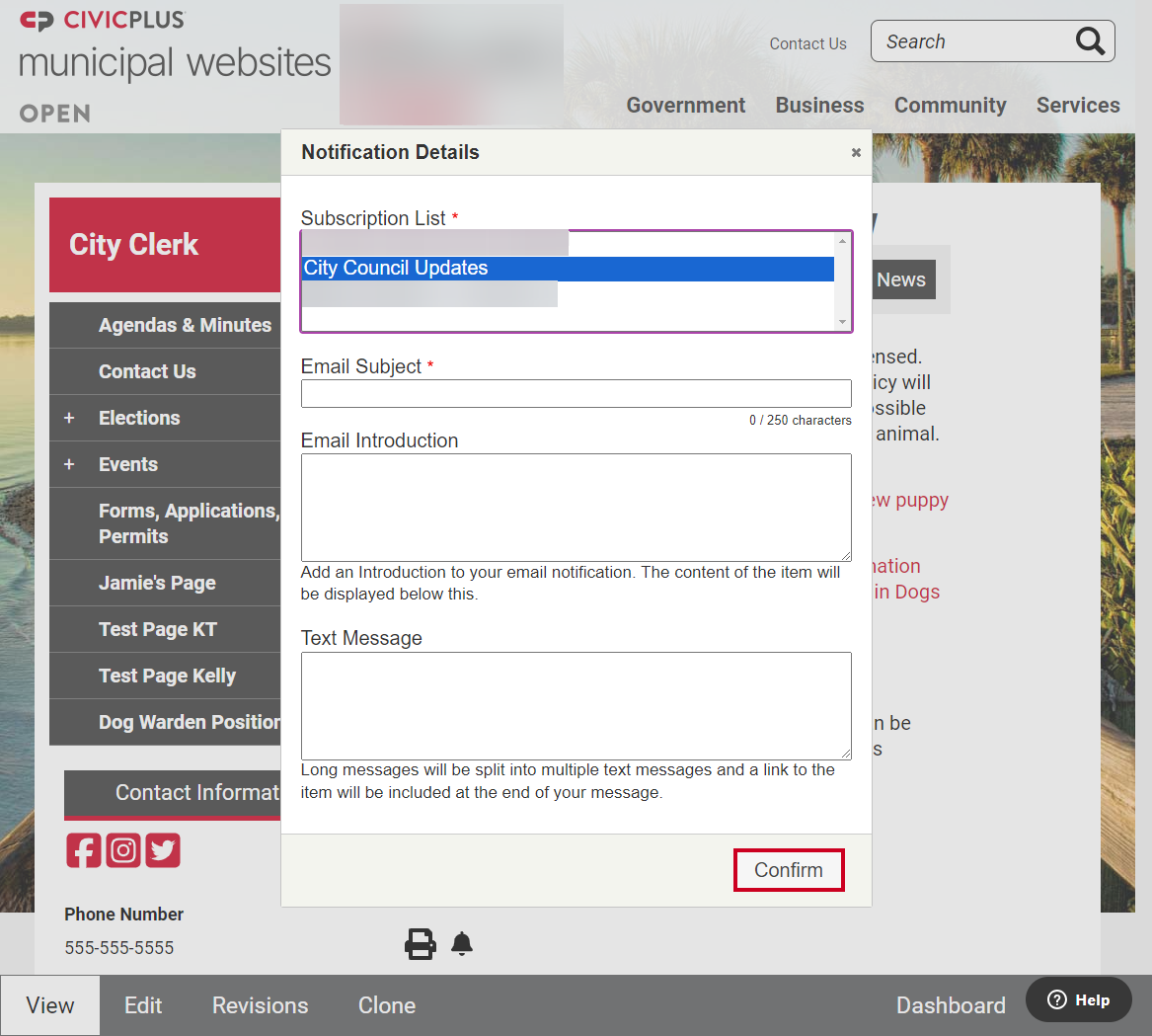 The button labeled Confirm in the bottom right corner of the Notification Details modal.