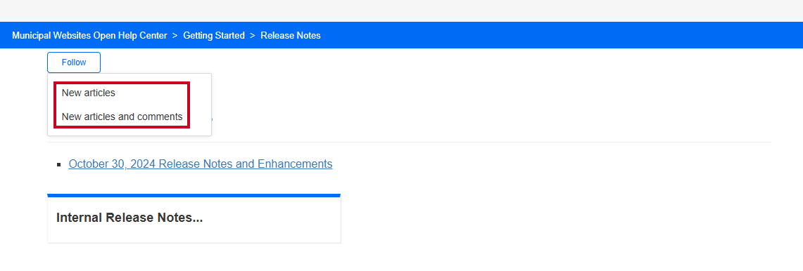 The New articles and New articles and comments options that are in the top-left and anchored to the Follow button.