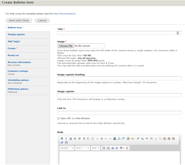 An example image of the Bulletin Item fields.