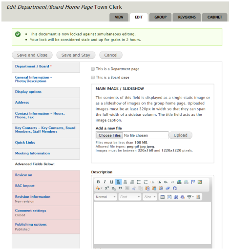 An example image of the text entry fields for the General Information Photo or Description tab.