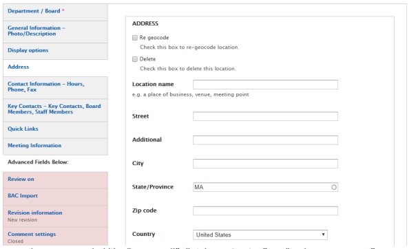 An example image of the text entry fields for the Address tab.